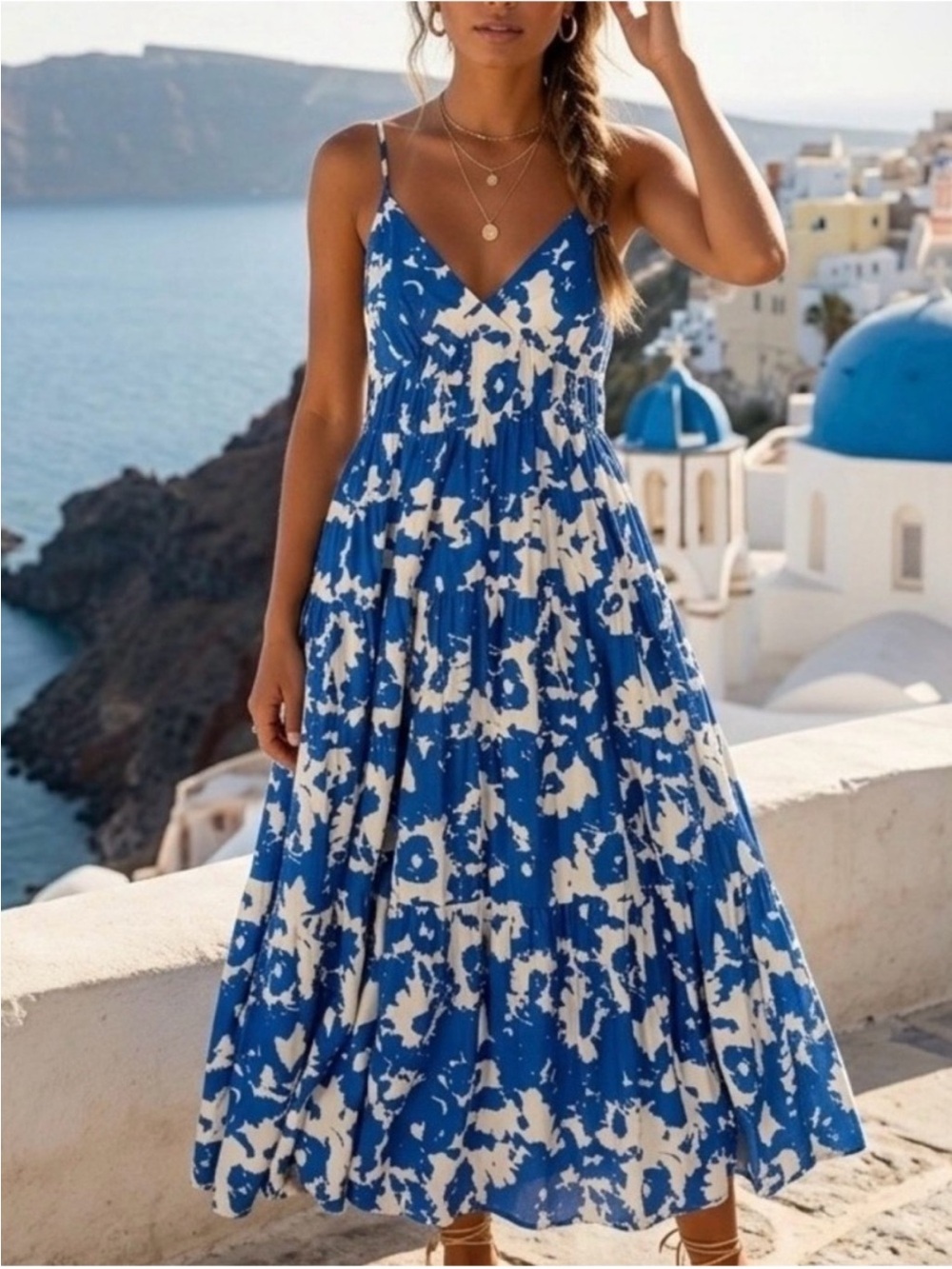 Abercrombie & Fitch Flowy Tiered Blue and White Floral Maxi Dress